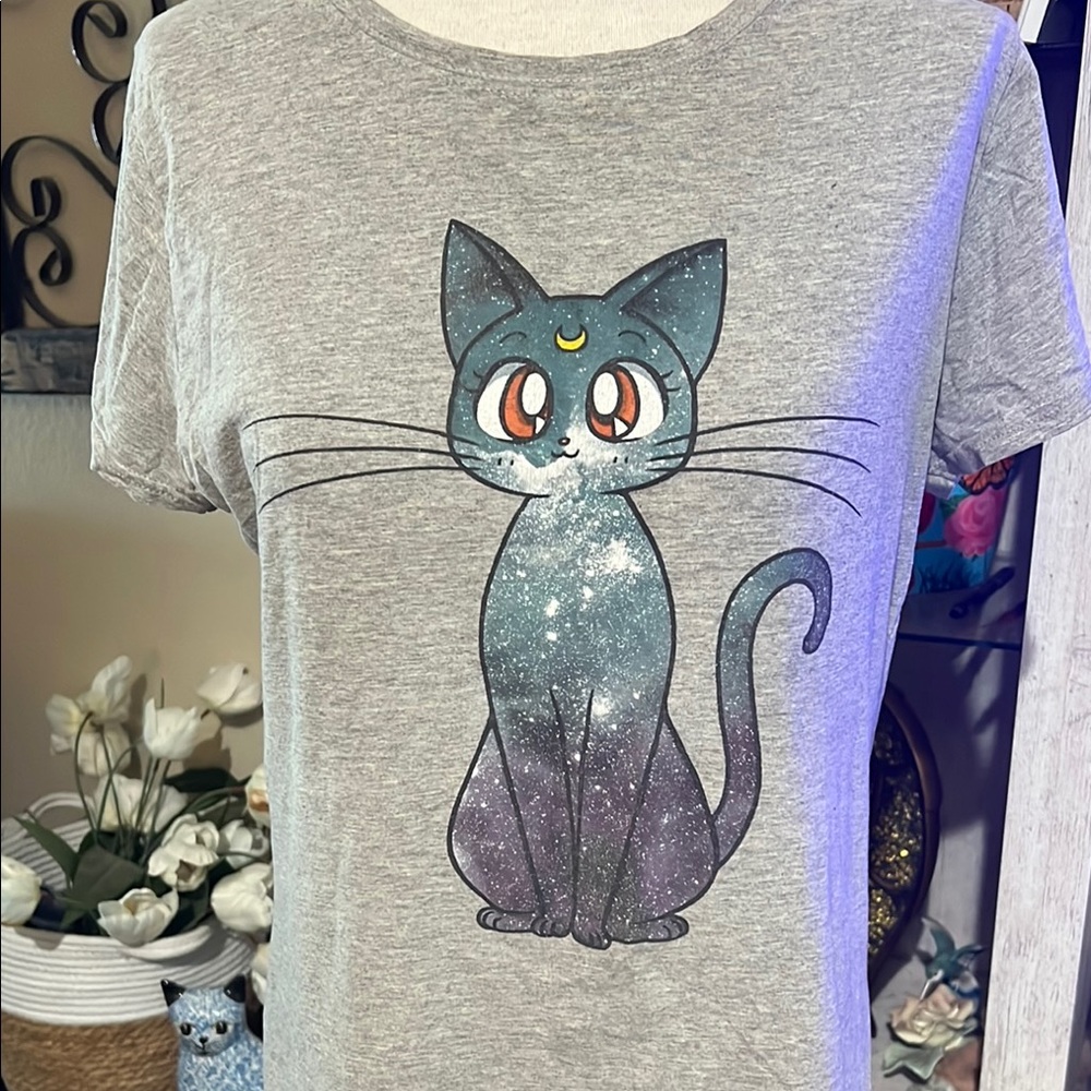 Sailor Moon Luna Cat Hot Topic Gray Galaxy Kitty T-Shirt Graphic Tee Juniors XL
